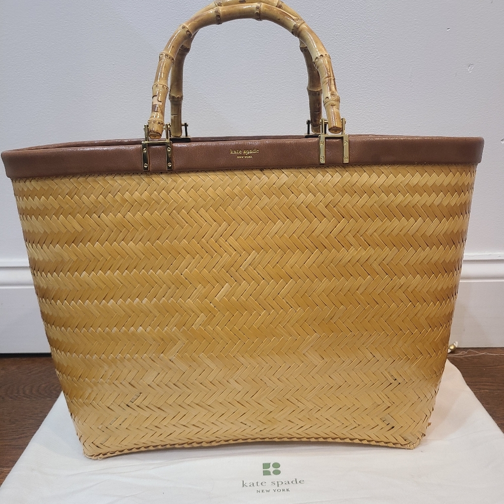 Kate Spade Large Wicker Tote Bag, Tan, Rare Basket Purse, Bamboo Handles